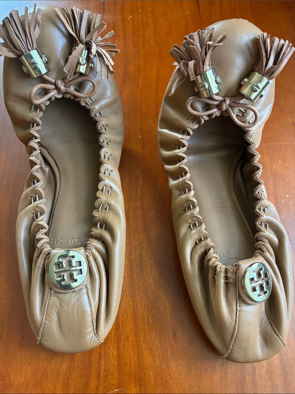 Tory Burch Brown Leather Tassel Ballet Flats